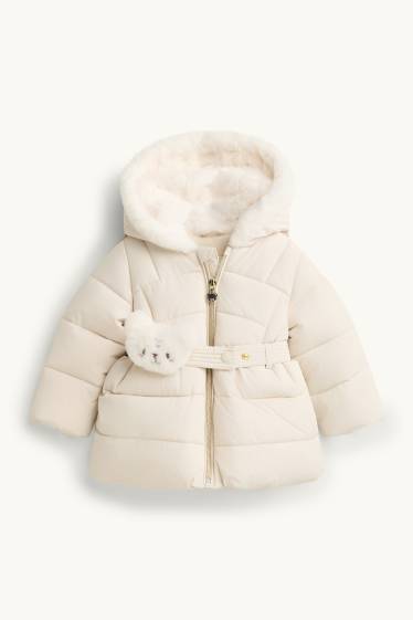 Baby Mädchen - Teddybär - Baby-Steppjacke mit Kapuze und Gürtel - gefüttert - cremefarben