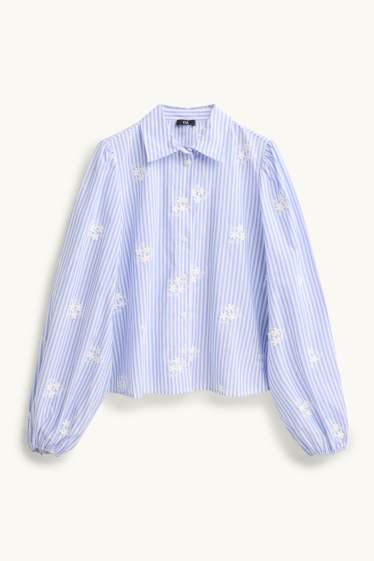 Dames - Overhemdblouse - met borduursels - gestreept - gebloemd - blauw / wit