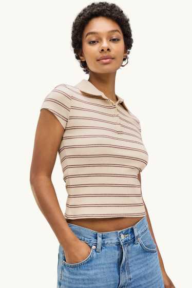 Femmes - Polo en maille - slim fit - finition côtelée - à rayures - beige / bordeaux
