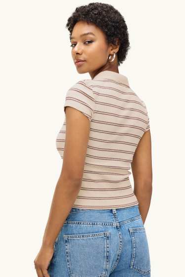 Femmes - Polo en maille - slim fit - finition côtelée - à rayures - beige / bordeaux
