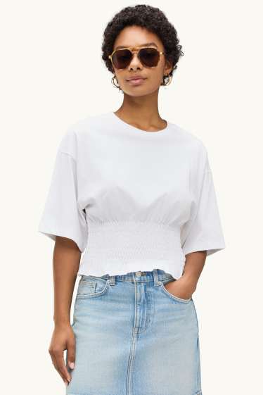 Dames - T-shirt - slim fit - gesmokt - wit
