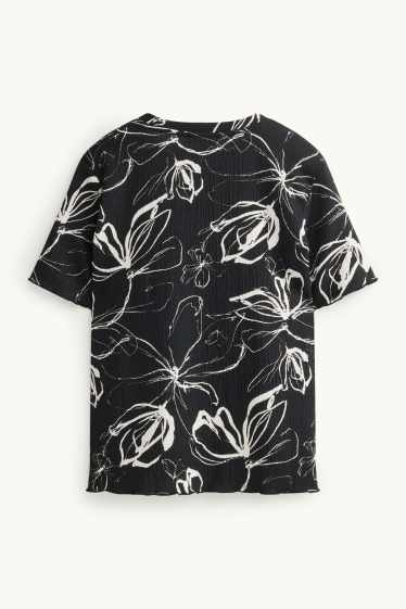 Dames - T-shirt - regular fit - gebloemd - zwart / wit