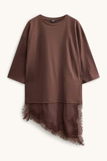 Donna - T-shirt - regular fit - effetto sovrapposto - marrone scuro