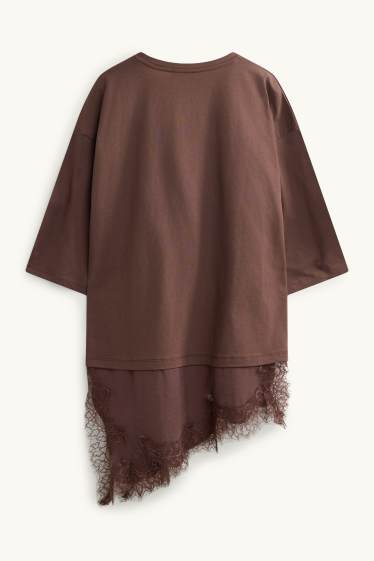 Donna - T-shirt - regular fit - effetto sovrapposto - marrone scuro