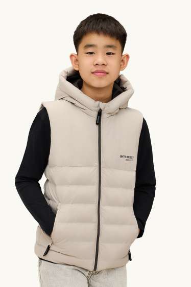 Kinderen: jongens - Bodywarmer met capuchon - waterafstotend - beige