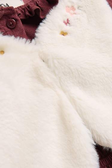 Children Girls - Floral - set - corduroy dress, faux fur waistcoat and tights - 3 piece - white / dark red