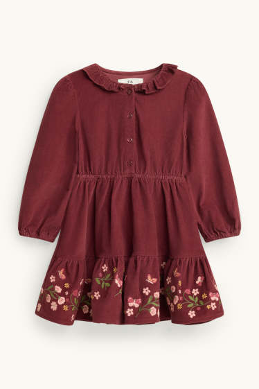 Children Girls - Floral - set - corduroy dress, faux fur waistcoat and tights - 3 piece - white / dark red