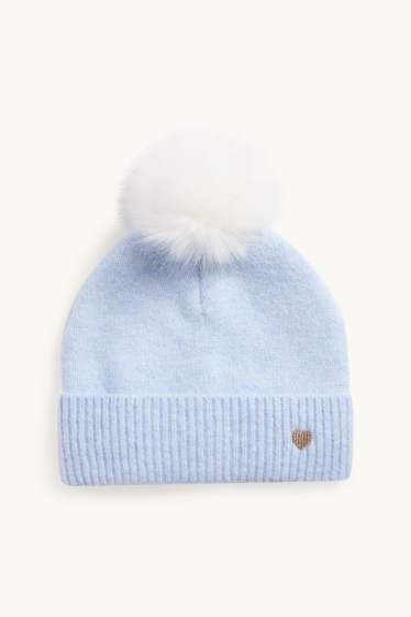 Enfants filles - Cœur - bonnet à pompons - bleu clair