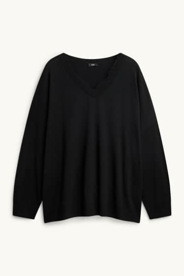 Damen - Feinstrick-Pullover mit V-Ausschnitt - schwarz