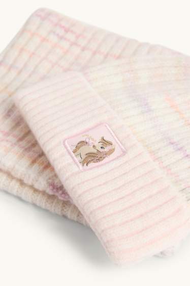 Nena - Cavall - conjunt - gorro i bufanda tubular - acanalat - de ratlles - 2 peces - rosa pastel