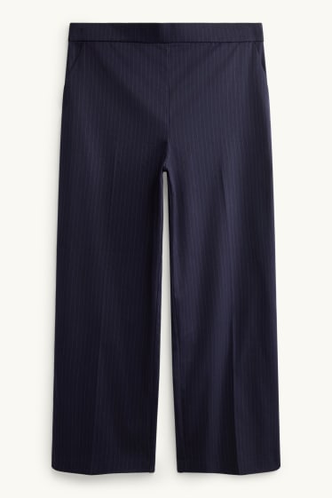 Dámské - Plátěné kalhoty - mid waist - wide leg - s úzkými proužky - tmavomodrá