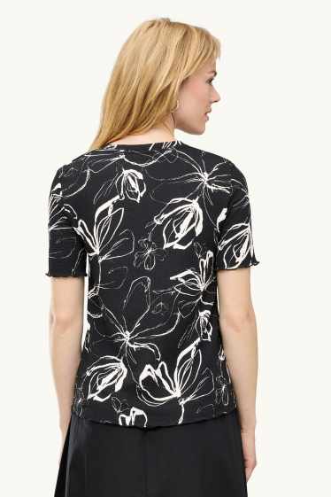 Damen - T-Shirt - Regular Fit - geblümt - schwarz / weiss
