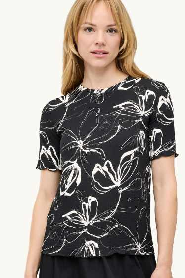 Damen - T-Shirt - Regular Fit - geblümt - schwarz / weiss