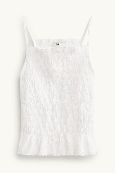 Femmes - Haut - smocké - broderie anglaise - blanc