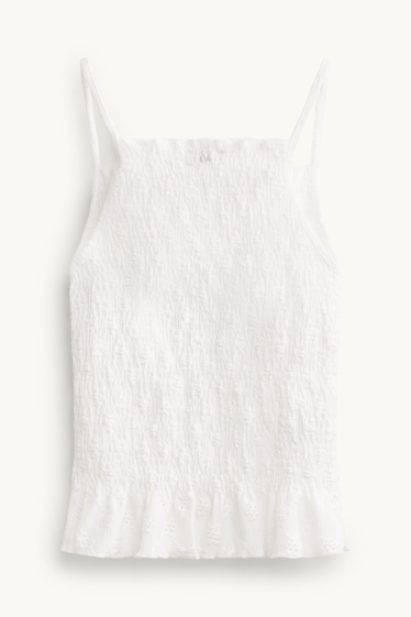 Femmes - Haut - smocké - broderie anglaise - blanc