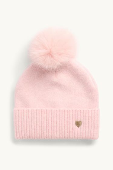 Children Girls - Heart - pom-pom hat - light rose