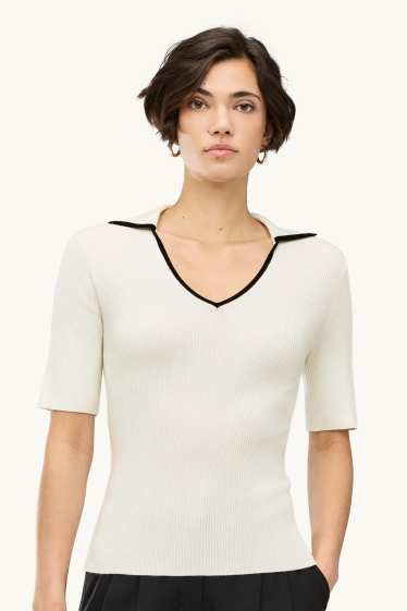 Damen - Strickpullover - kurzarm - gerippt - weiss