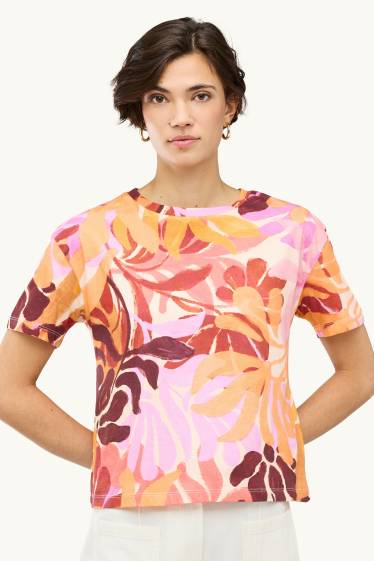 Femei - Tricou - regular fit - cu flori - roz / portocaliu