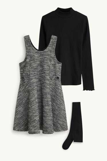 Bambine - Set - maglia a maniche lunghe, vestito bouclé e calzamaglia - 3 pezzi - nero / bianco