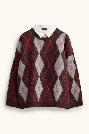 Damen - Set - Pullover und Blusenkragen - 2 teilig - kariert - braun