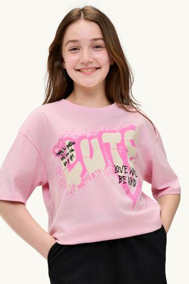 Kinder Mädchen - Graffiti - Kurzarmshirt mit Strasssteinen - rosa