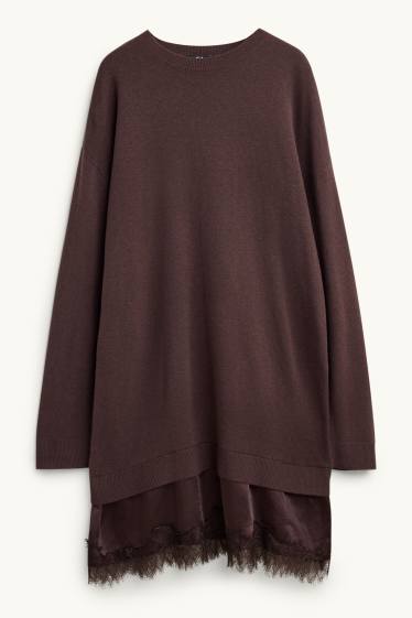 Women - Knitted dress - 2-in-1 look - dark brown