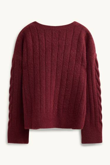 Damen - Strickjacke - Zopfmuster - bordeaux