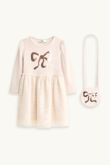 Bambine - Fiocco - set - vestito e borsa - effetto brillante - 2 pezzi - rosa / beige