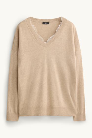 Femmes - Pull avec encolure en V - beige