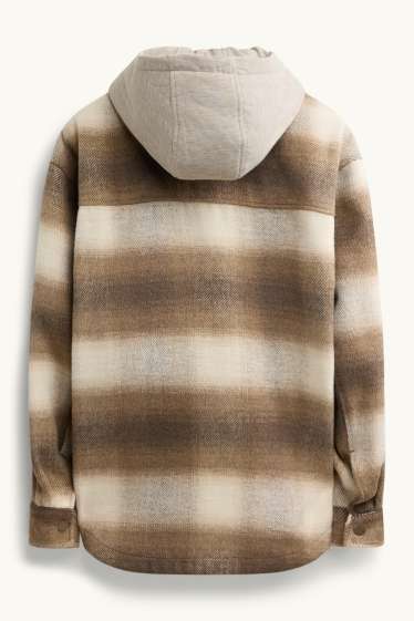 Men - Shirt jacket with hood - relaxed fit - kent collar - check - brown