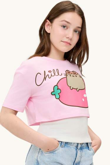 Children Girls - Pusheen - set - top and short sleeve T-shirt - 2 piece - rose