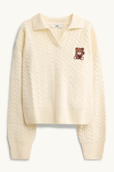 Kinderen: meisjes - Teddybeer - trui - kabelpatroon - crème wit
