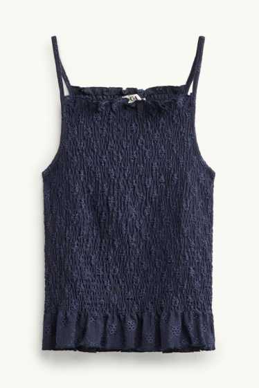 Femmes - Haut - smocké - broderie anglaise - bleu foncé