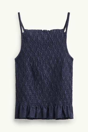 Femmes - Haut - smocké - broderie anglaise - bleu foncé