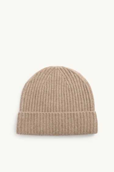 Heren - Beanie van kasjmier - geribd - lichtbruin