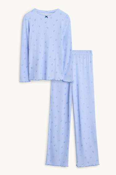 Copii - Fete - Floare - pijama - reiat - 2 piese - albastru deschis
