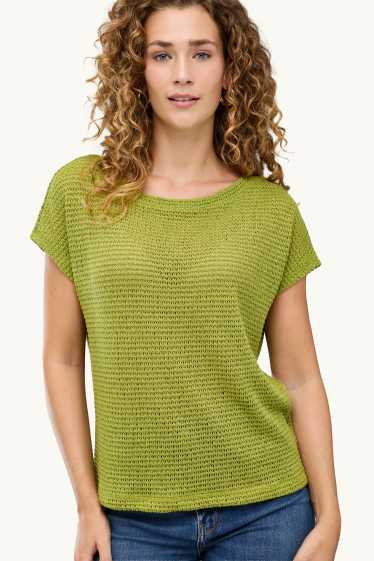 Women - Knitted T-shirt - relaxed fit - textured - light green