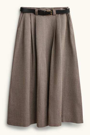 Dames - Plooirok met riem - taupe