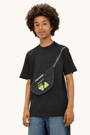 Children Boys - Minecraft - short sleeve T-shirt with appliquéd bag - black