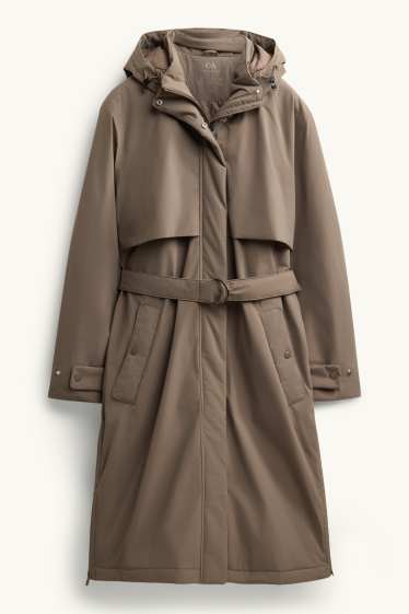 Women - Technical trench coat with hood and belt - lined - taupe