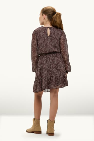 Kinderen: meisjes - Bloem - jurk met ceintuur - bruin