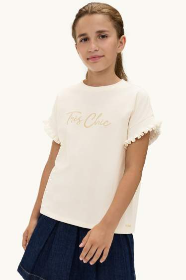 Kinderen: meisjes - T-shirt - glanseffect - crème wit