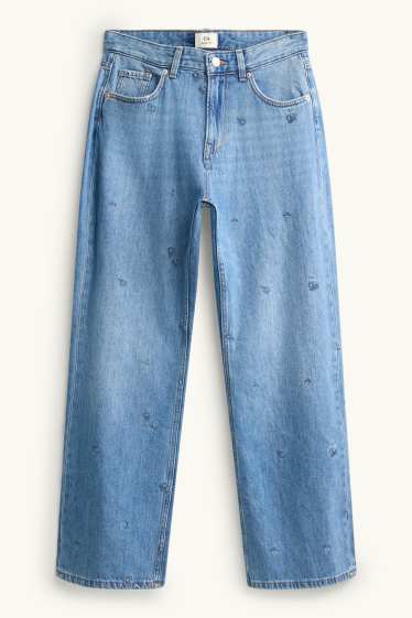 Women - Baggy jeans - mid-rise waist - floral - blue denim