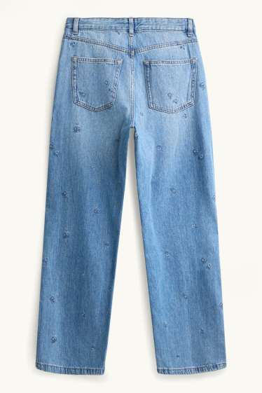 Women - Baggy jeans - mid-rise waist - floral - blue denim