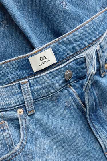 Women - Baggy jeans - mid-rise waist - floral - blue denim