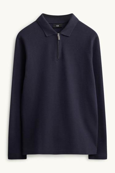 Men - Long sleeve polo shirt - regular fit - ribbed - dark blue