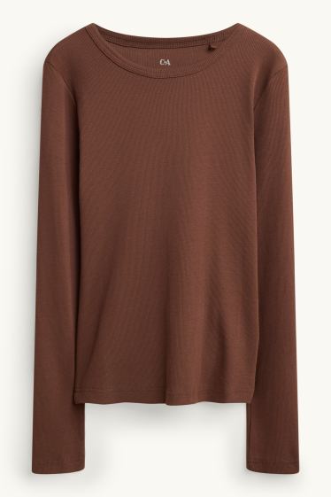 Women - Long sleeve top - slim fit - ribbed - brown