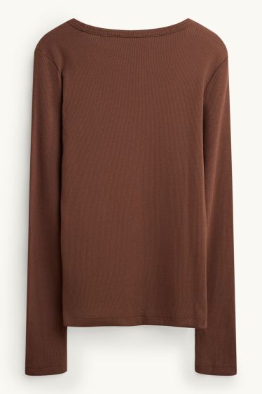 Women - Long sleeve top - slim fit - ribbed - brown