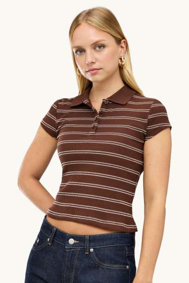 Dames - Gebreid poloshirt - slim fit - ribstof - gestreept - bruin