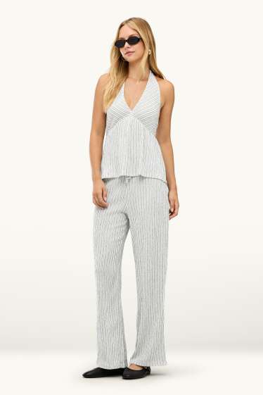Damen - Stoffhose - Mid Waist - Wide Leg - gestreift - weiss / schwarz